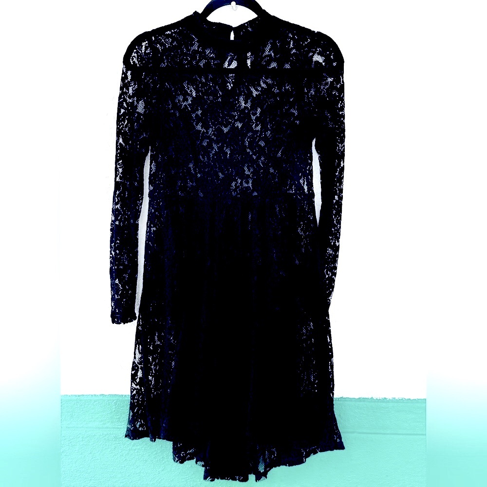 Free People Black Lace Floral MIDI Sheer Overlay Dress Cover Small